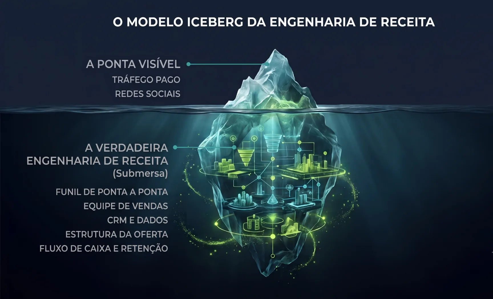 Modelo Iceberg da Engenharia de Receita — a ponta visível (tráfego pago, redes sociais) e a estrutura submersa (funil ponta a ponta, equipe de vendas, CRM e dados, estrutura da oferta, fluxo de caixa e retenção)